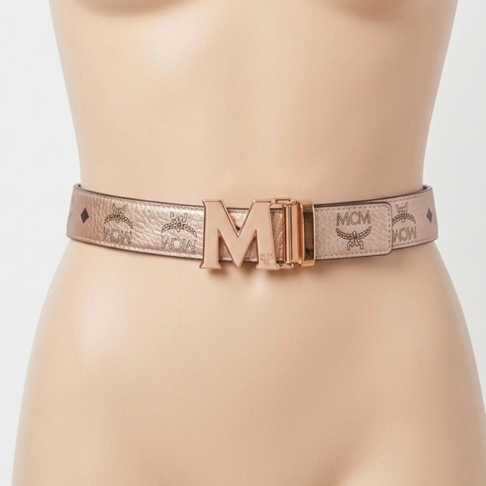 MCM Claus M Reversible Belt Rose Gold/Black Women One Size Leather Authentic